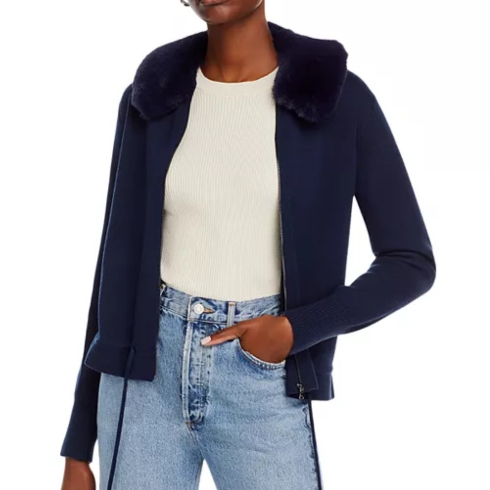 Kobi Halperin Navy Bomber Jacket with Faux Fur Collar